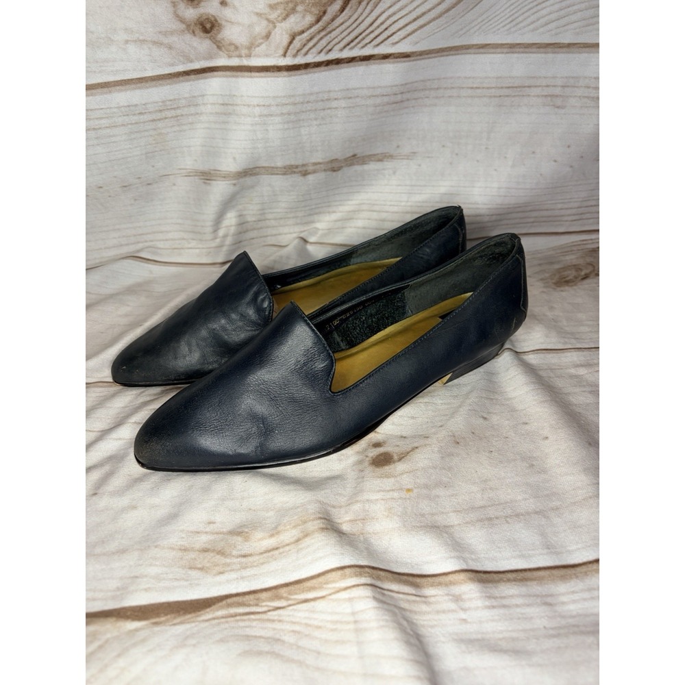 Vintage Thom McAn Angela Navy Blue Leather Loafers Smoking Slippers Size 9